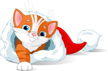 Kitten getting out from Santa Hat clipart