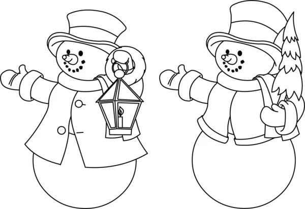 Twee zwarte en witte sneeuwmannen om in te kleuren — Stockvector
