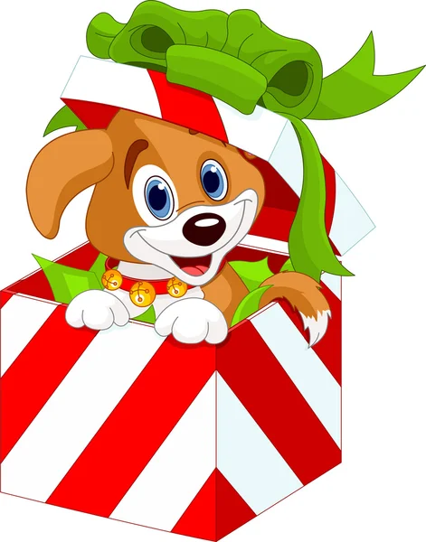 Filhote de cachorro em uma caixa de presente de Natal —  Vetores de Stock