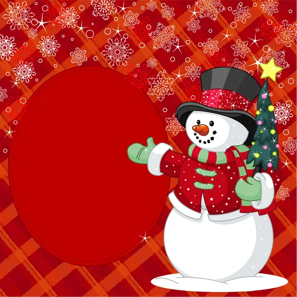 Sneeuwpop met kerstboom plaats kaart — Stockvector