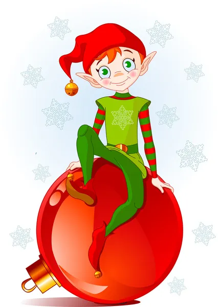 Elfo de Navidad sentado en la bola de Navidad — Vector de stock