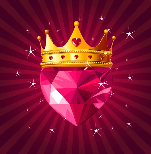 Crystal heart with crown on radial background — Stock Vector