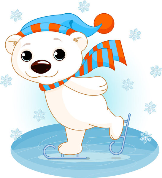 Illustration of cute polar bear on ice skates