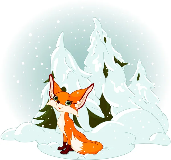 Милый лис против снежного леса — стоковый вектор