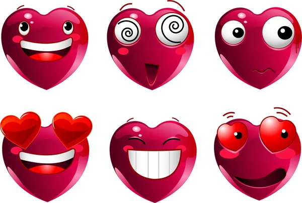 Set Heart Shape Emoticons Different Faces Eyes Mouth Brushes — Stock Vector