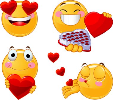 Set of characters of yellow emoticons with different faces, eyes, mouth for Valentine Day clipart