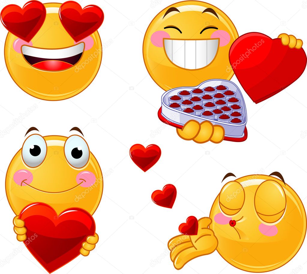 Set of characters of yellow emoticons with different faces, eyes, mouth for Valentine Day