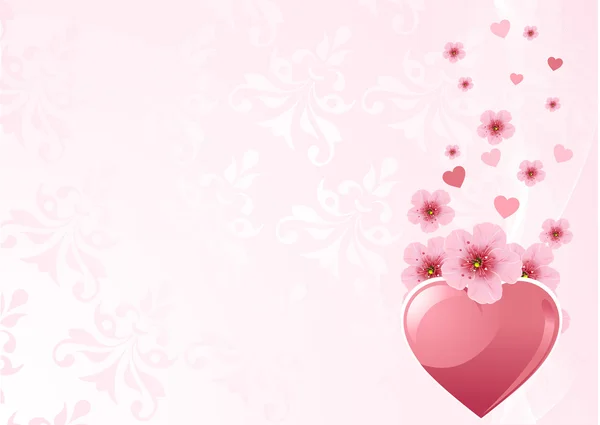 Αγάπη Καρδιά Και Ροζ Άνθη Κερασιάς Σχεδιασμό — Διανυσματικό Αρχείο