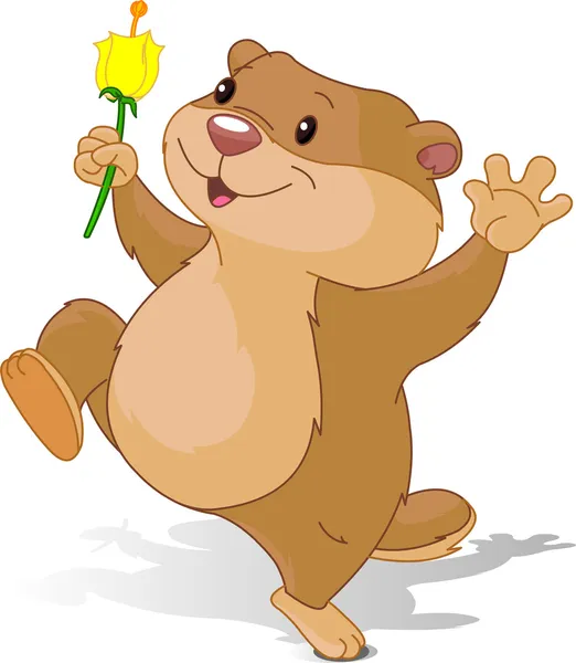 Ilustração Groundhog Dançando Com Primeira Flor Para Groundhog Day — Vetor de Stock