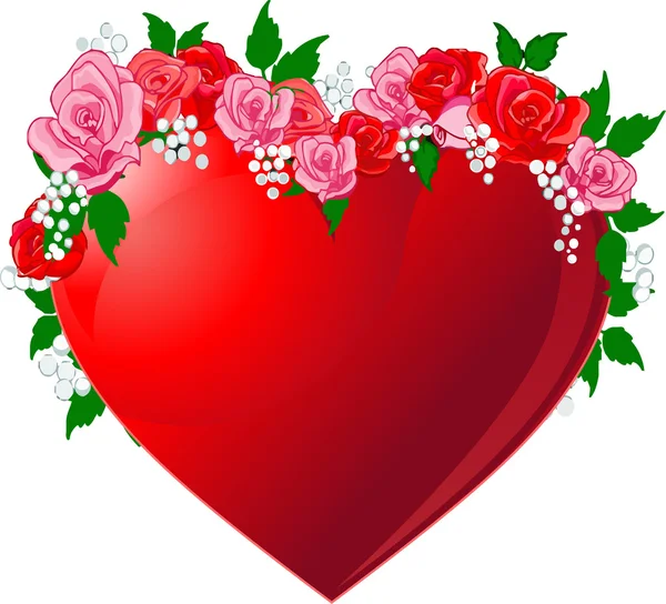 Illustration Coeur Rouge Flanqué Roses — Image vectorielle