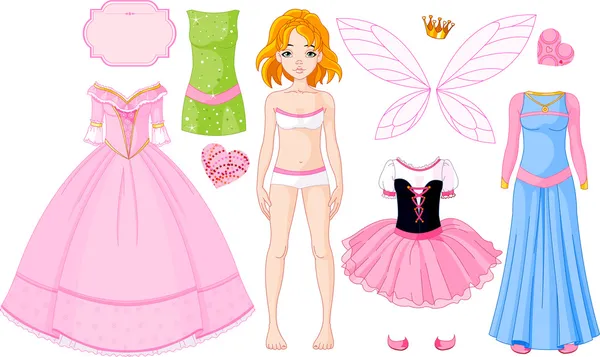 Menina com diferentes vestidos de princesa — Vetor de Stock
