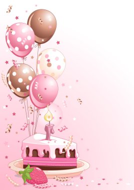 Clipart pink lustration of a Slice Of Birthday Cake With Balloons And Confetti
