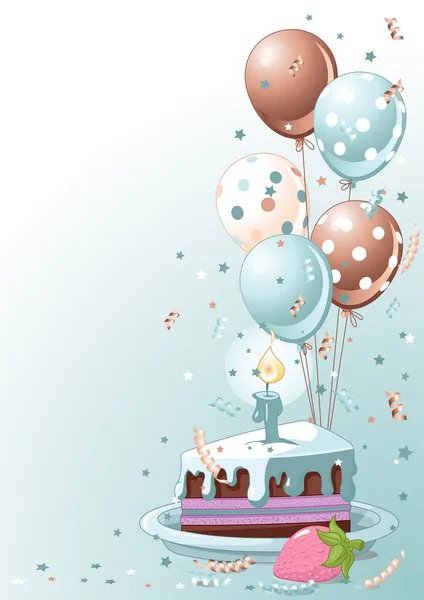 Кусок торта на день рождения с воздушными шарами — стоковый вектор