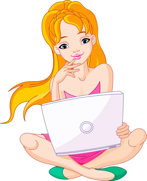 Glückliche Junge Frau Sitzt Auf Kissen Mit Laptop Schoß — Stockvektor