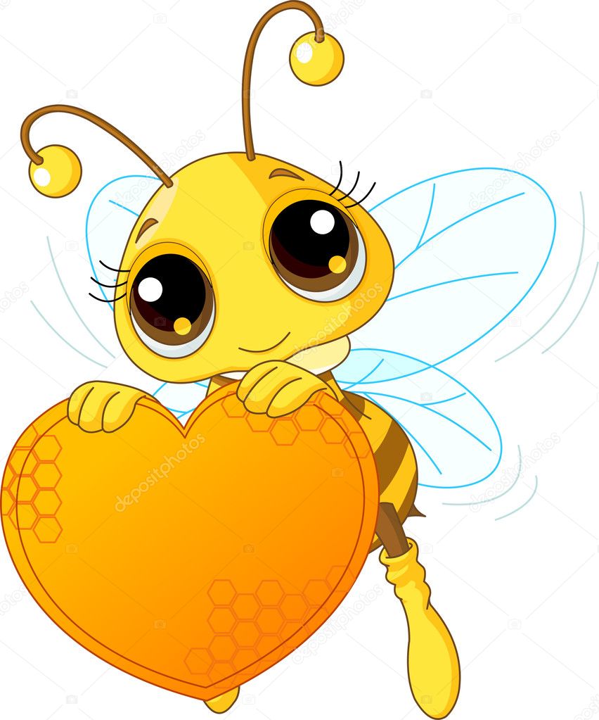 Cute bee holding a sweet heart with place for copy/text