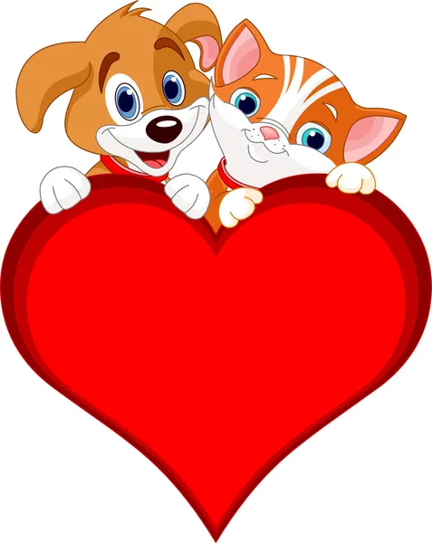 San Valentín Gato Perro Sosteniendo Corazón Signo Añadir Propio Mensaje — Archivo Imágenes Vectoriales