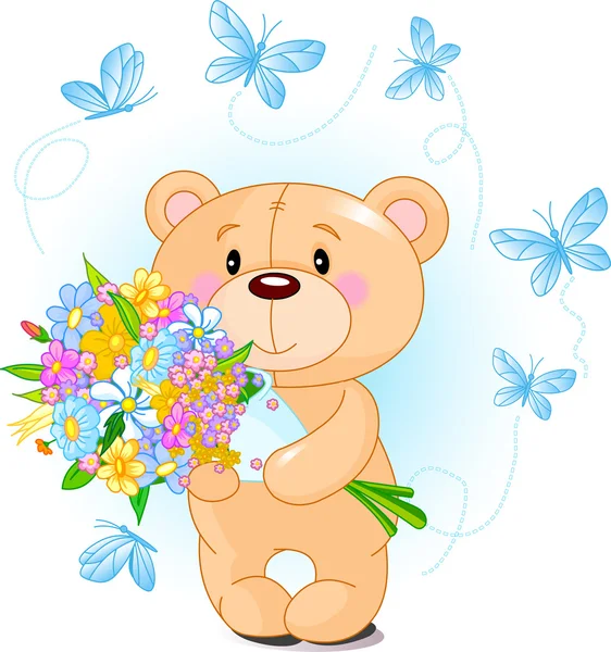 Blauwe Teddybeer Met Bloemen — Stockvector