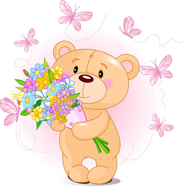 Růžový medvídek s květinami — Stockový vektor