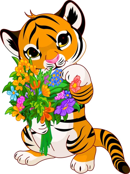 Cute Little Tiger Cub Holding Bouquet — Stock Vector
