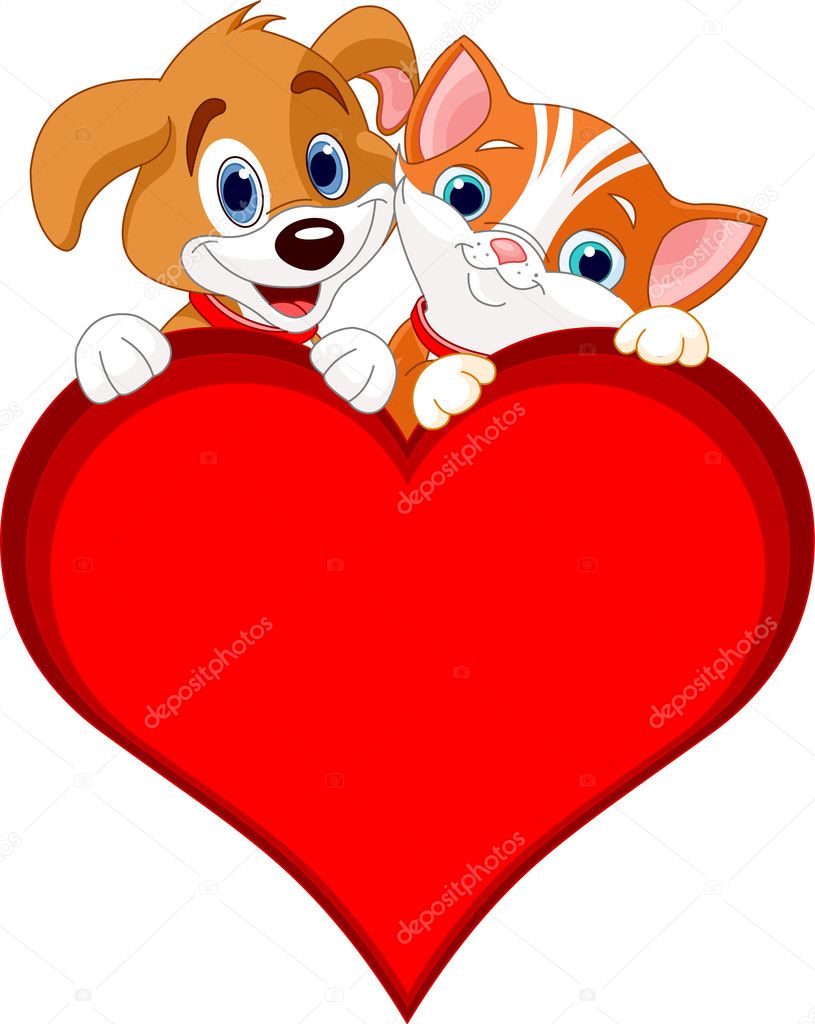 Valentine Cat and dog holding sign heart (add your own message)