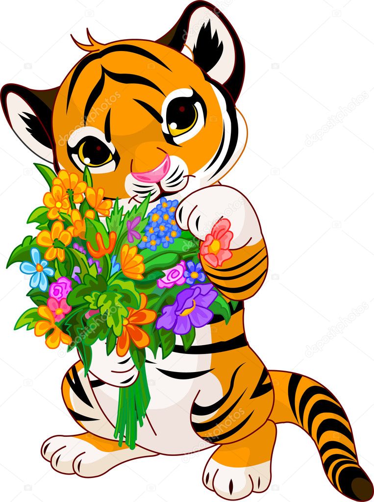 Cute little tiger cub holding a bouquet