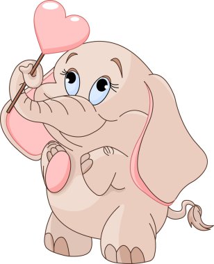 Little baby elephant holds heart-shaped lollipop clipart