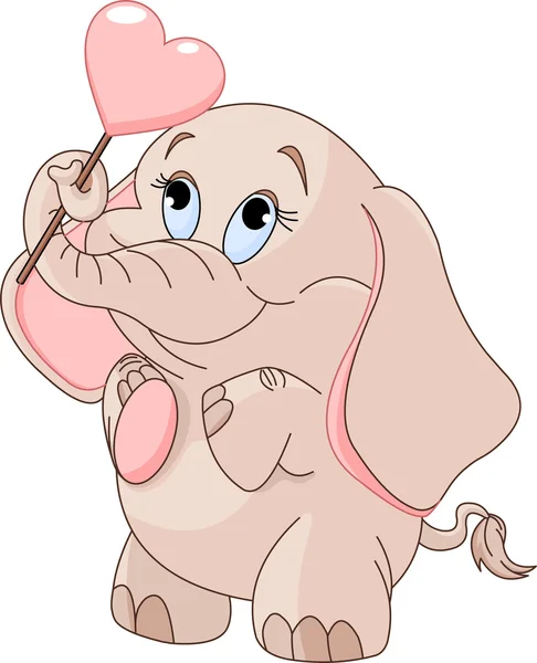 Little baby elephant holds heart-shaped lollipop — Stock Vector