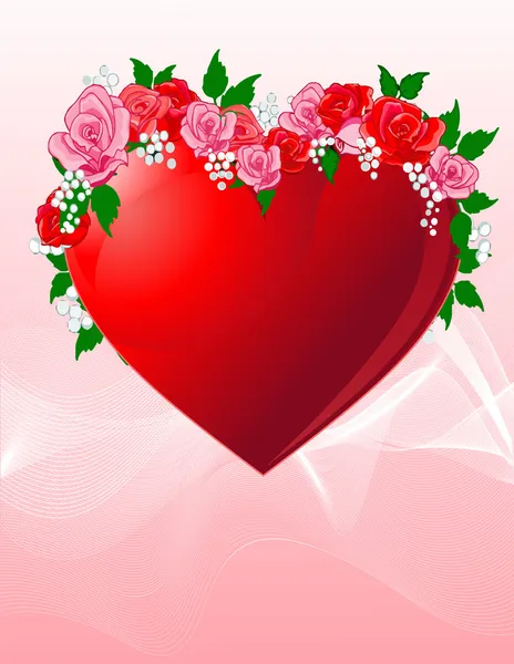Corazón de amor con rosas — Vector de stock