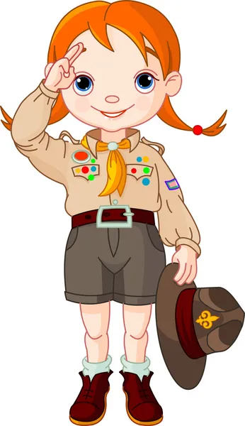 Młoda Dziewczyna Boy Scout Szczęśliwy Robi Znak Ręką — Wektor stockowy