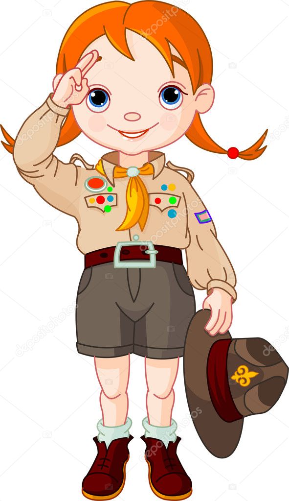 Young happy boy scout girl doing a hand sign