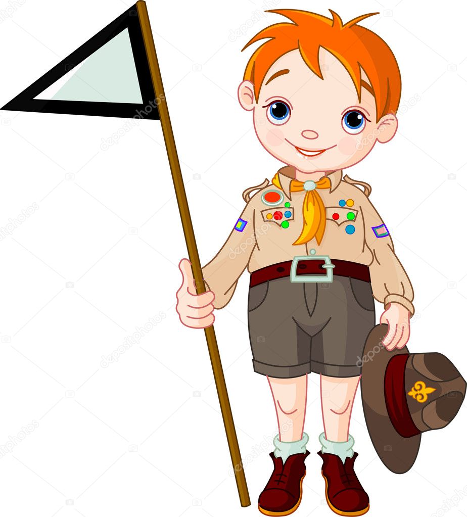 Young happy boy scout holding a flag