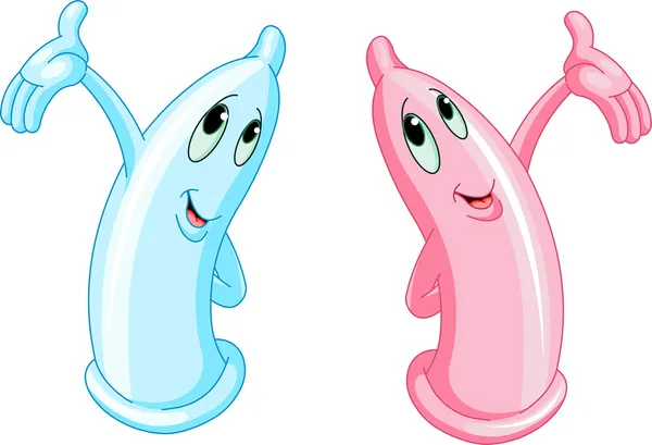 Two Funny Condoms Pink Blue Explaining — Stock Vector