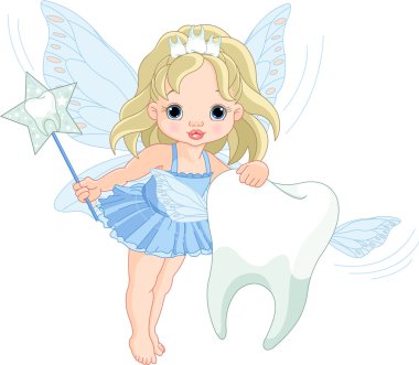 Illustration of a cute little Tooth Fairy flying with Tooth clipart