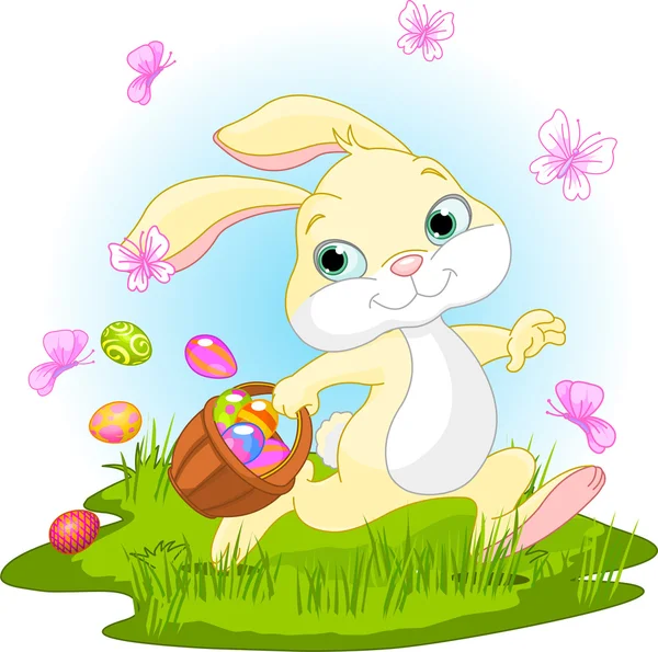 Coniglietto di Pasqua nascondendo uova — Vettoriale Stock