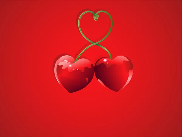 两颗瓦伦丁樱桃心和樱桃枝呈心形 — 图库矢量图片