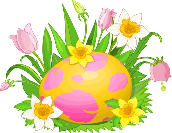 Illustration Bel Œuf Pâques Dans Une Herbe Des Fleurs — Image vectorielle