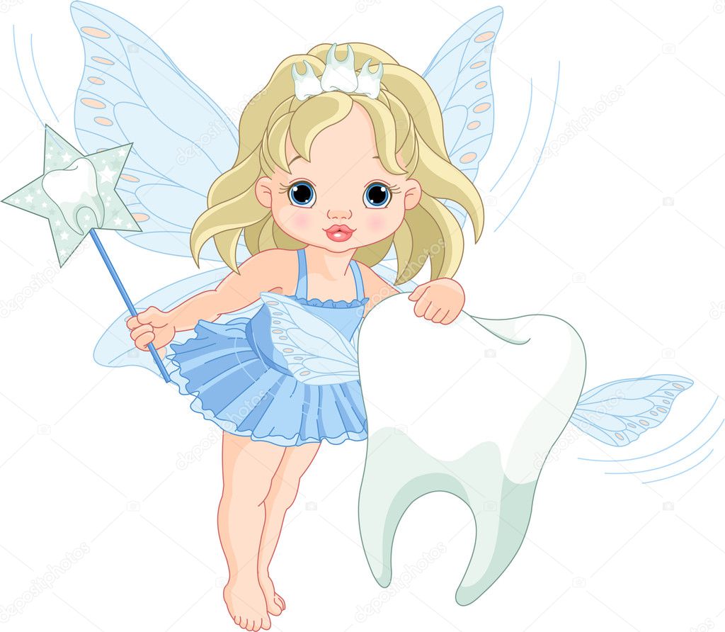 Illustration of a cute little Tooth Fairy flying with Tooth