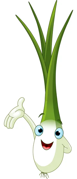 Illustration Einer Grünen Zwiebelfigur Die Etwas Präsentiert — Stockvektor