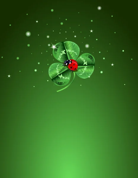 三个叶子的三叶草和瓢虫在屏幕中心的圣 Patrick 的一天 — 图库矢量图片