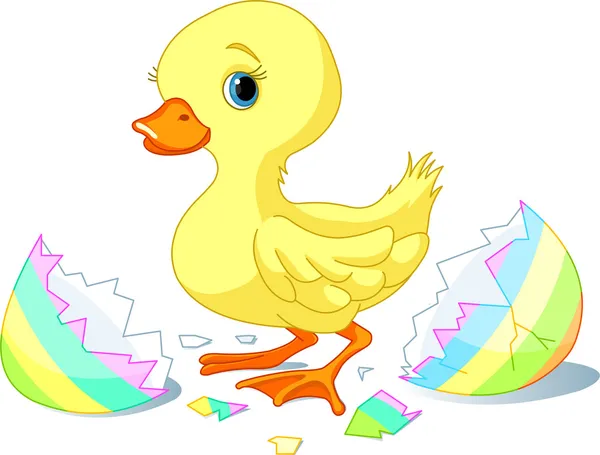 Easter Duckling Jumping Out Broken Egg — Stock Vector