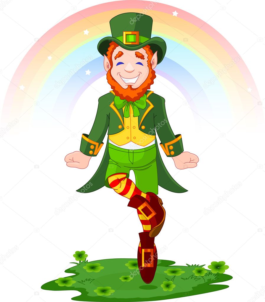 Full length drawing of a leprechaun dancing a jig for St. Patrick's Day