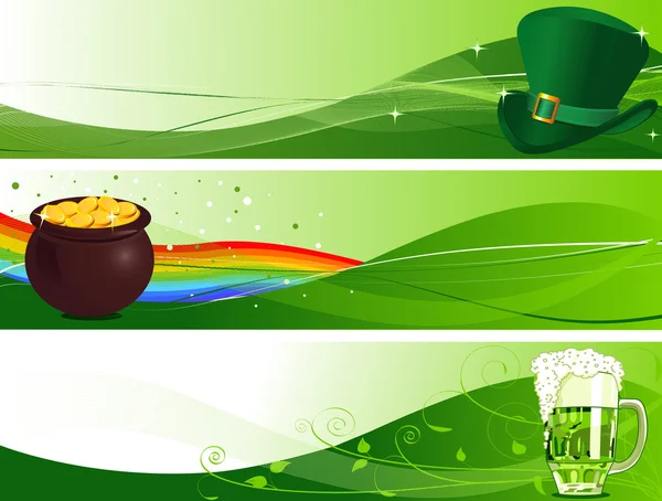 Bannières Saint Patrick Avec Chapeau Pot Bière Leprechaun — Image vectorielle