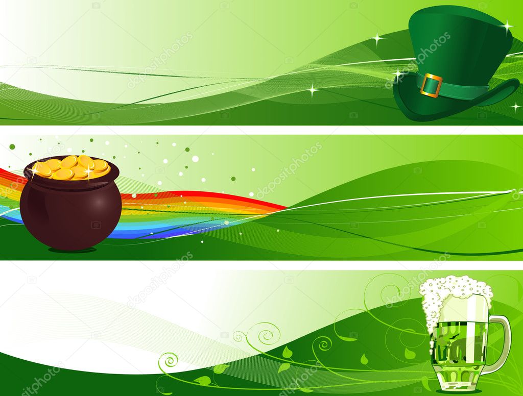 St. Patrick's Day Banners with Leprechaun hat, pot and beer