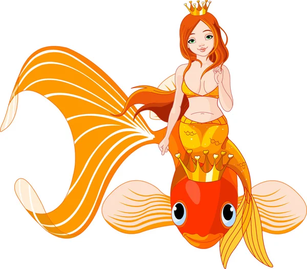 Mermaid riding on a golden fish — Stock Vector