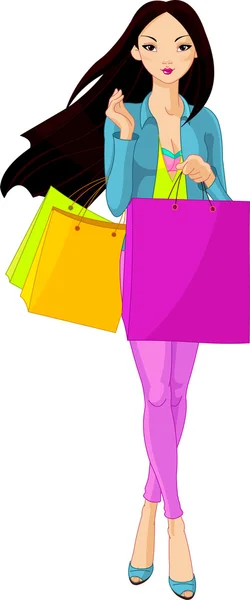 Asian Girl with shopping bags — Stock Vector