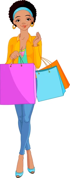 Africana chica con bolsas de compras — Vector de stock