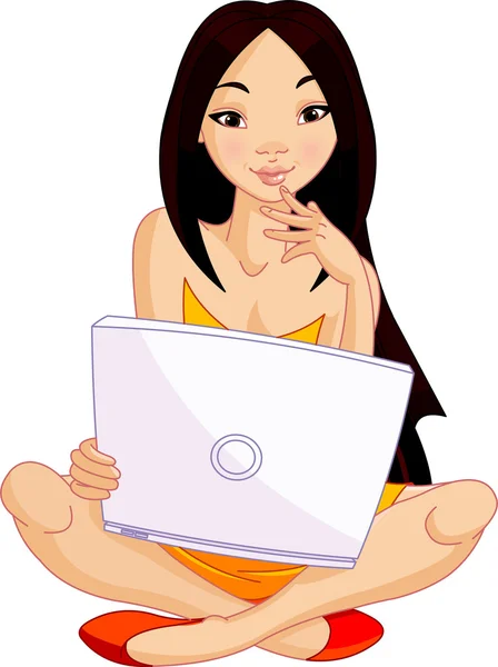 Ung asiatisk kvinna sitter på dynan med laptop — Stock vektor