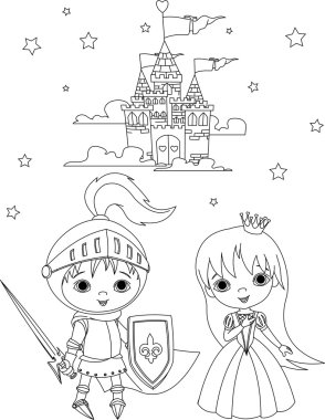 Medieval knight and princess coloring page clipart
