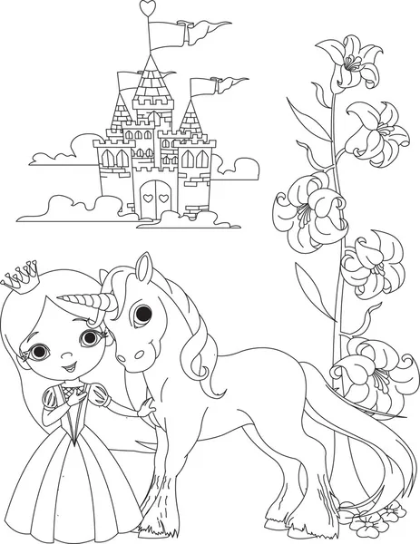 Beautiful princess and unicorn coloring page — Stock Vector