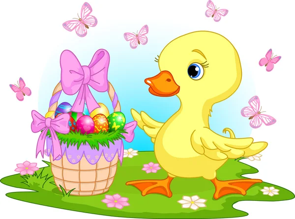 Easter duckling with a basket of eggs — Stock Vector